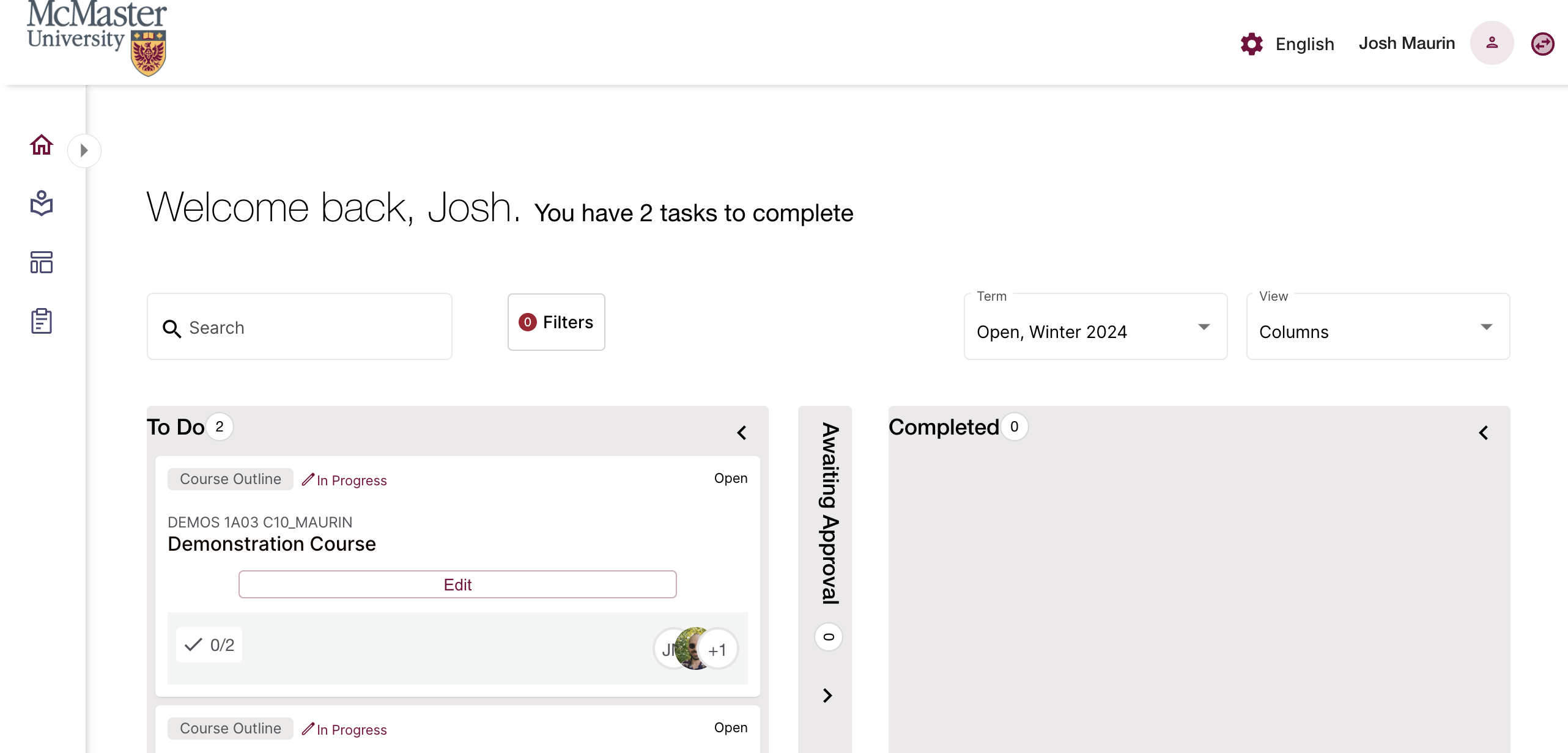 The New View for Simple Syllabus. The dashboard is arranged into columns. There are two courses on the dashboard. There are four tabs listed along the left side of the dashboard. 